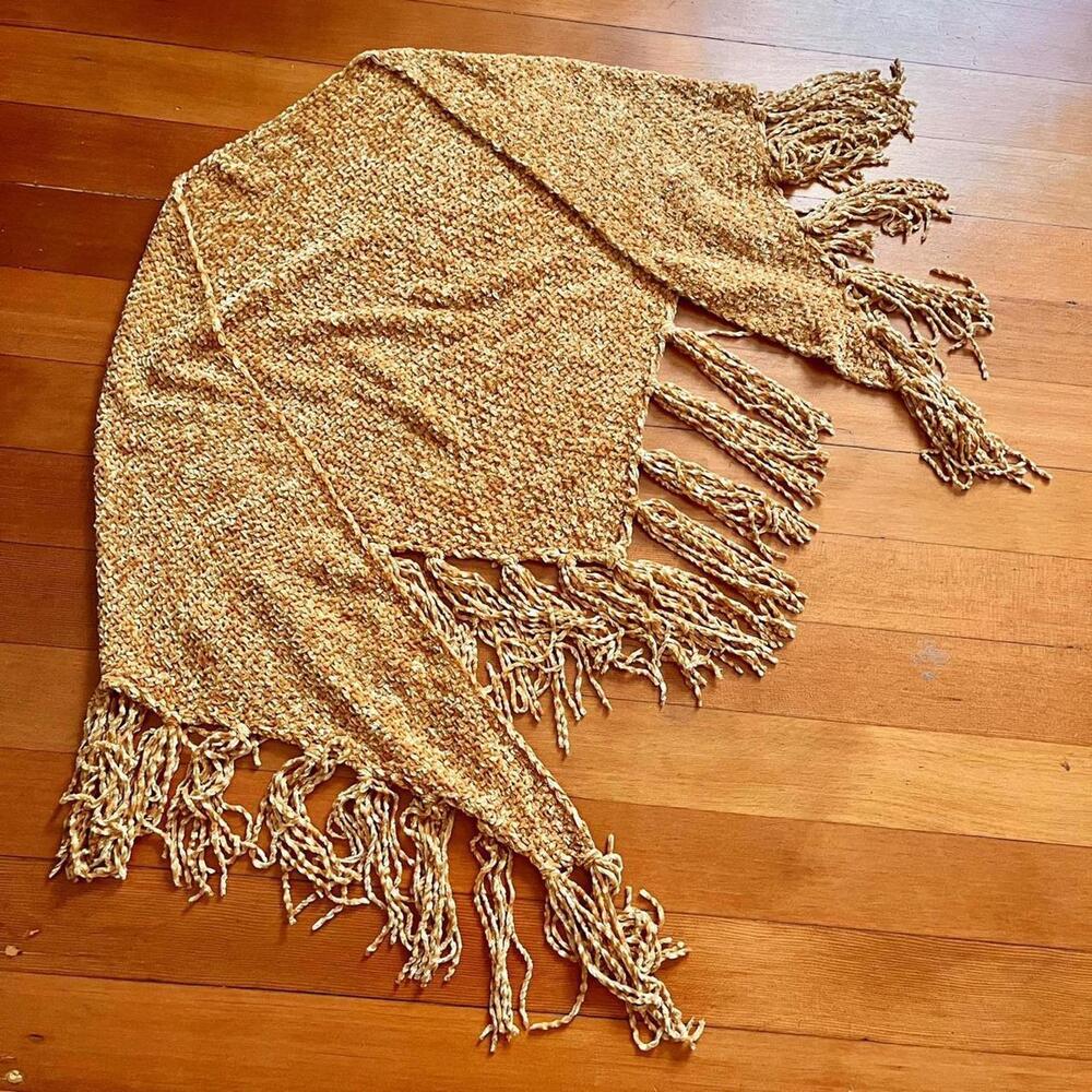 Gold Super Soft Chunk Knit Triangle Fringe Shawl